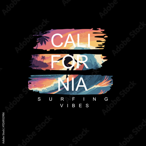 California surfing vibes colourful summer beach graphic