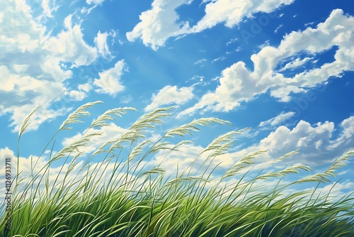 A serene landscape featuring tall grass swaying under a bright blue sky with fluffy clouds.