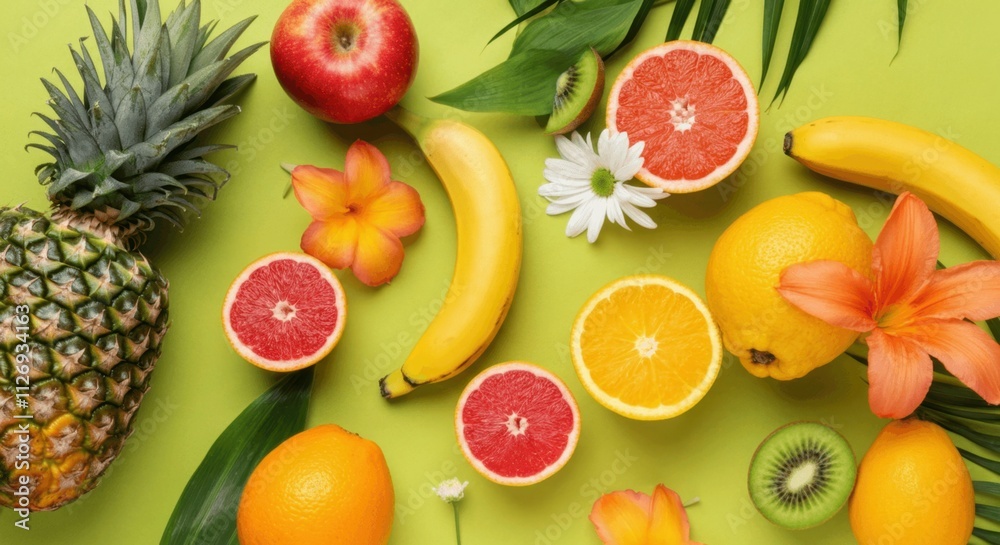 Vibrant tropical fruits on fresh green background Vibrant tropical fruits on fresh green background