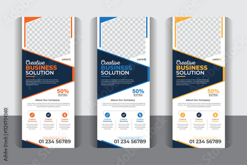 3 color variation corporate business roll up banner design. Unique, modern, creative, luxury, colorful, stylish and professional business roll up banner design.