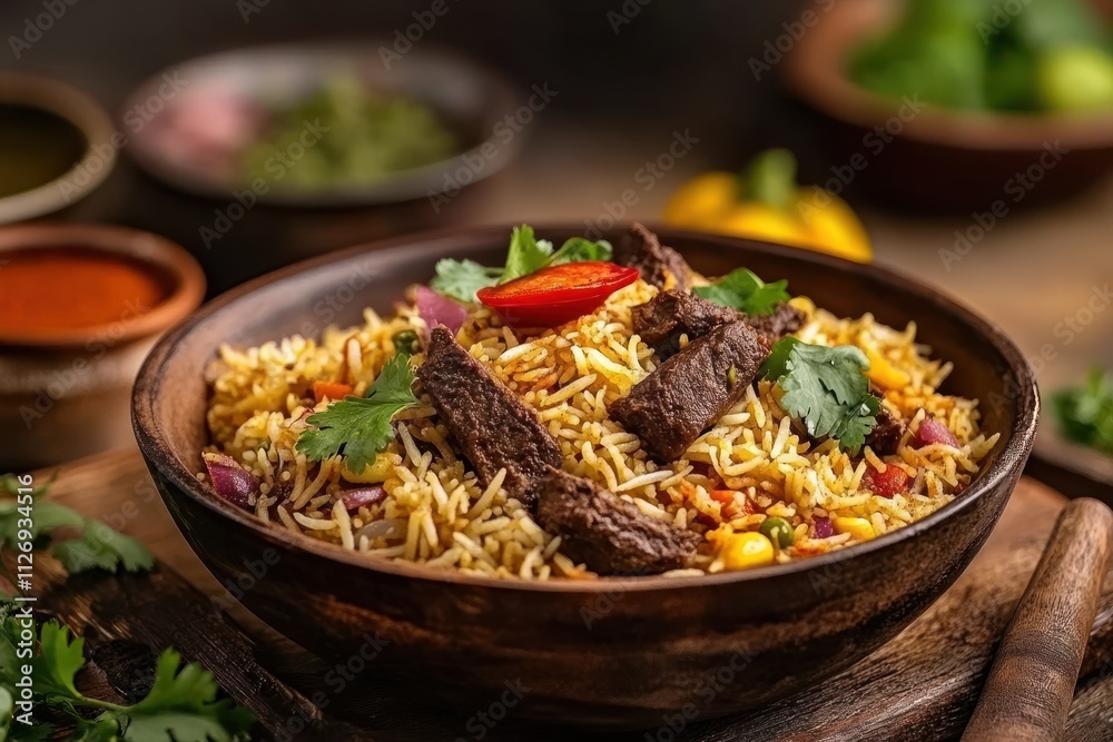 Bowl of biryani rice topped with grilled beef, vegetables, and garnished with fresh herbs.