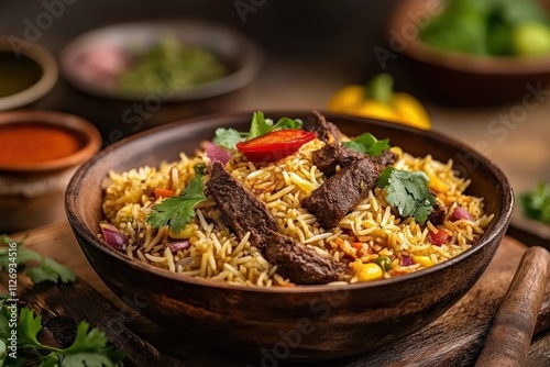 Bowl of biryani rice topped with grilled beef, vegetables, and garnished with fresh herbs.