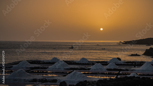 Sunset in Fuencaliente with the salt flats and the Atlantic Ocean on a summer day