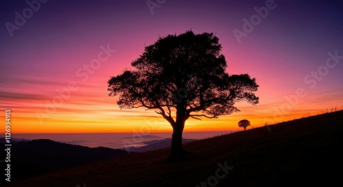 Solitary tree silhouette vibrant sunset sky