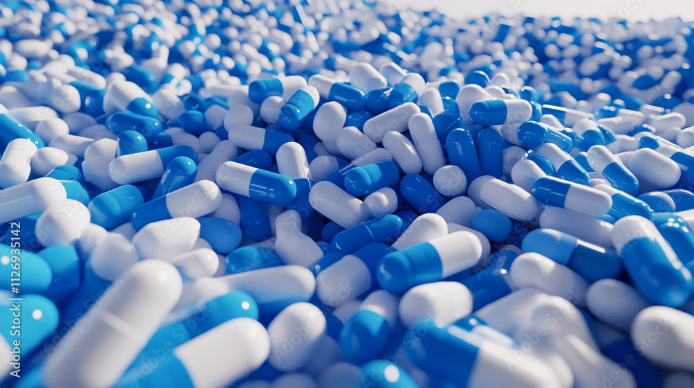 a pile of blue and white medical pills a pile of blue and white medical pills
