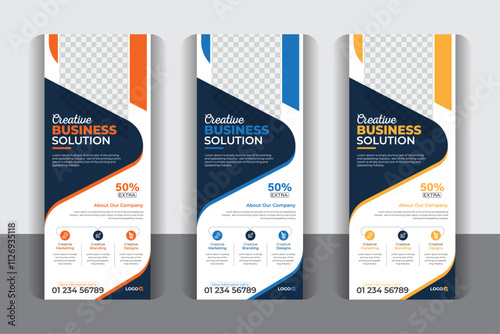 3 color variation corporate business roll up pull up banner. Unique, modern, creative, abstract, luxury, colorful, stylish and professional business roll up banner design.