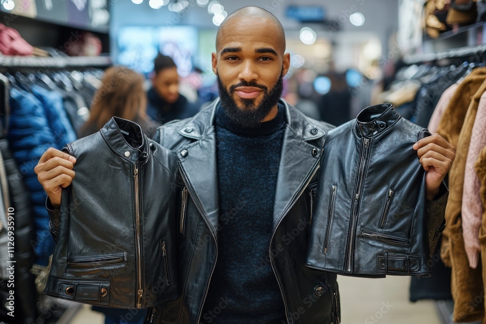 A man holds two leather jackets in a clothing store, showcasing fashion choices. A man holds two leather jackets in a clothing store, showcasing fashion choices.