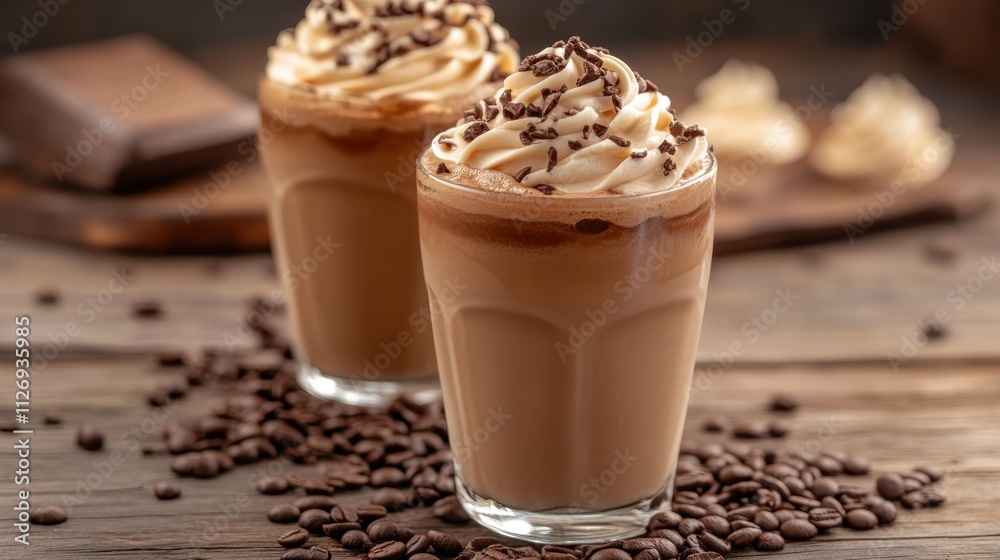 Two glasses of iced coffee with whipped cream and chocolate shavings on a rustic wooden table Two glasses of iced coffee with whipped cream and chocolate shavings on a rustic wooden table