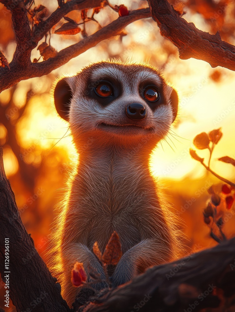 Fototapeta premium A cute meerkat perched on a branch during sunset, showcasing its playful expression.