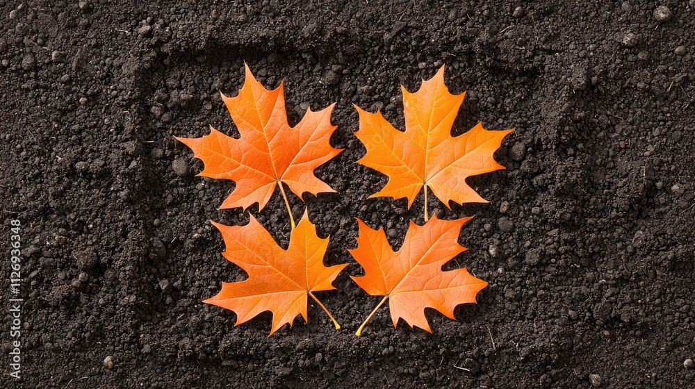 Autumn Leaves Arranged on Dark Soil Surface in a Four-Leaf Design, Evoking a Sense of Seasonal Beauty and Nature's Palette Autumn Leaves Arranged on Dark Soil Surface in a Four-Leaf Design, Evoking a Sense of Seasonal Beauty and Nature's Palette