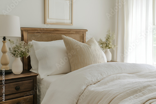 Minimalist Southern master bedroom with crisp linens, antique bedside tables, and a warm, neutral palette