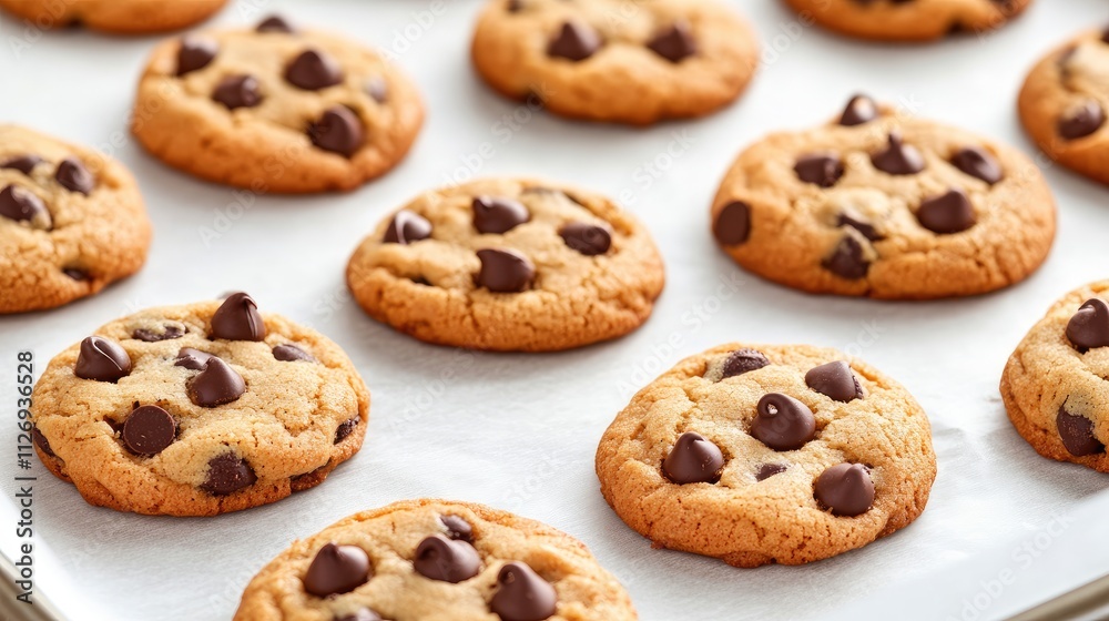 Freshly Baked Chocolate Chip Cookies on Baking Sheet with Soft Texture and Melting Chips Ready for Enjoyment Freshly Baked Chocolate Chip Cookies on Baking Sheet with Soft Texture and Melting Chips Ready for Enjoyment