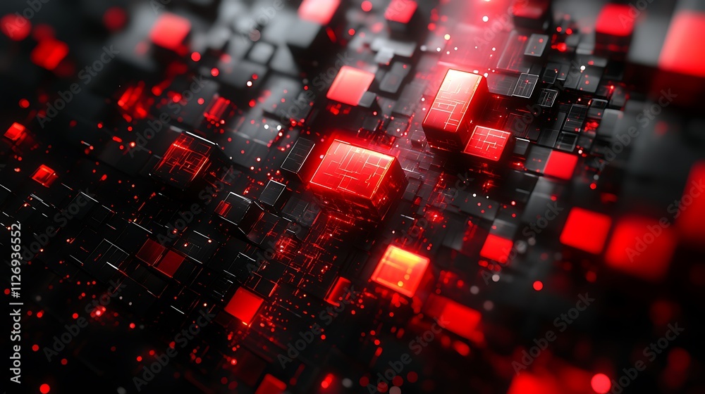 Obraz premium Abstract 3D rendering of glowing red cubes on a dark circuit board, representing technology, data, or network.