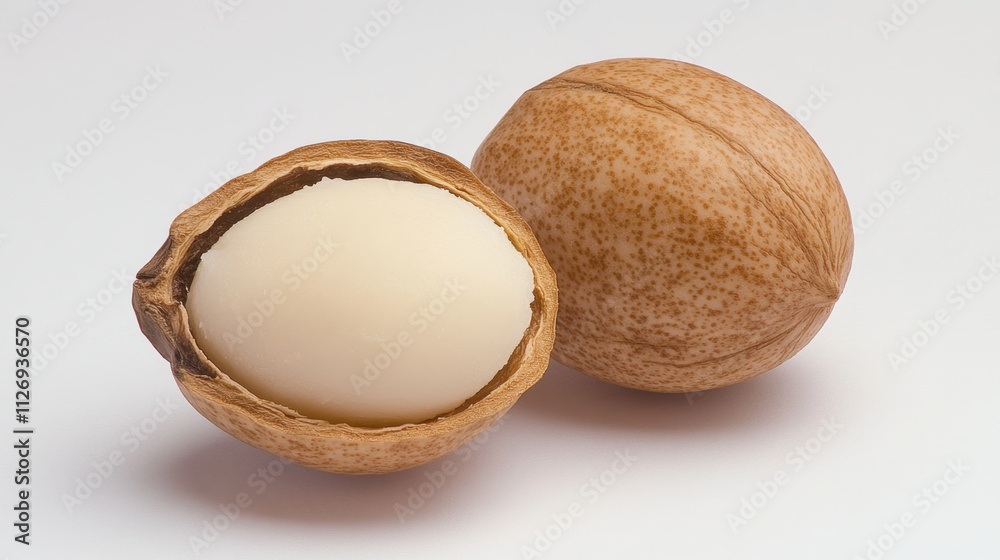 Natural Whole Nut Sliced Open Revealing White Edible Inner Part Natural Whole Nut Sliced Open Revealing White Edible Inner Part