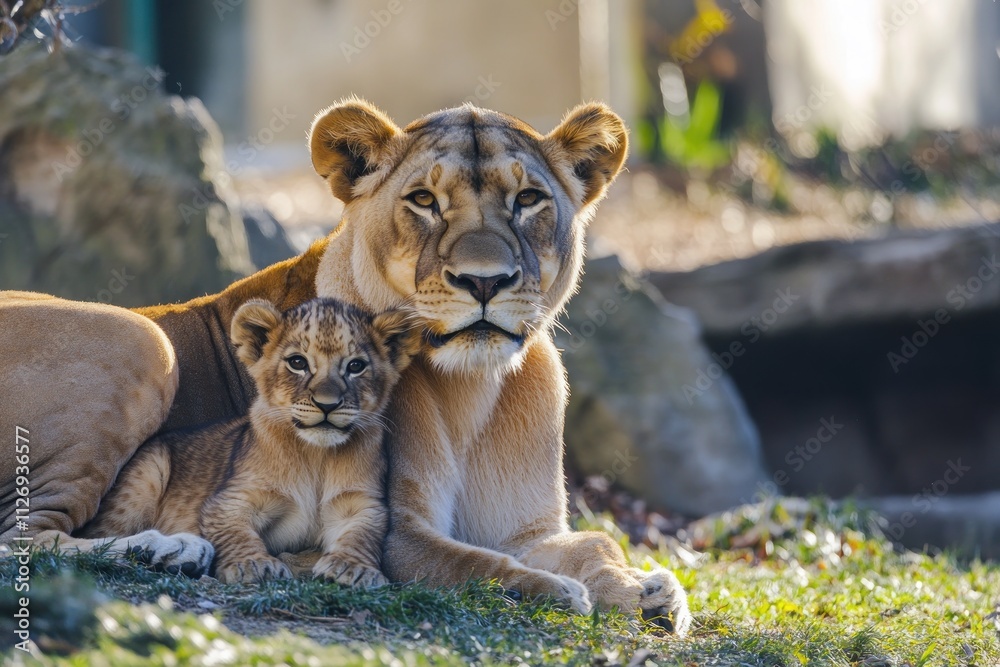 Obraz premium A lioness and her cub resting together in a natural setting.