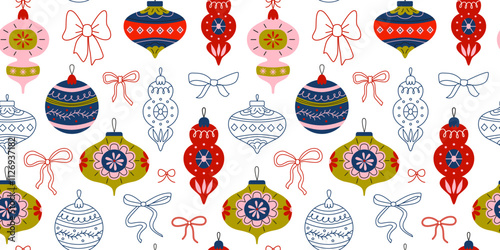 Christmas tree toys and bows seamless pattern. Retro vintage hand-drawn baubles, decorations, garland, ribbons, confetti. Bright colors. Vector background, wallpaper, banner, backdrop.