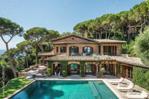 Wallpaper Mural A stunning villa with a pool, surrounded by trees, showcasing elegant architecture and a luxurious outdoor space. Torontodigital.ca