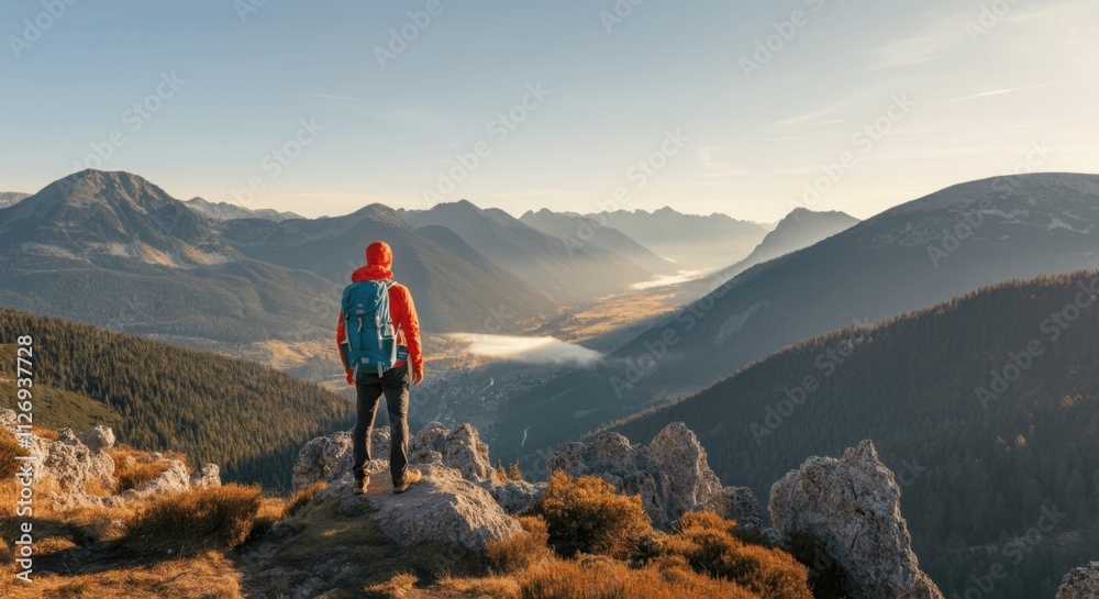 Obraz premium Hiker observing serene mountain valley at sunrise