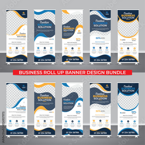 5 set collection colorful variation corporate business roll up pull up banner bundle. Unique, modern, creative, abstract, luxury, colorful, stylish and professional business roll up banner design.
