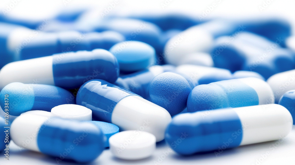 a pile of blue and white medical pills a pile of blue and white medical pills