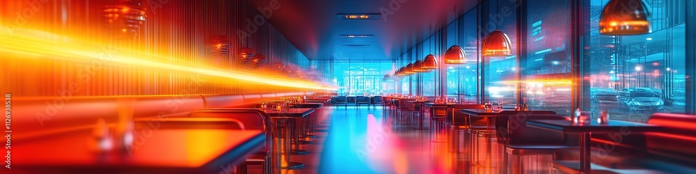 Futuristic diner interior with neon lights and sleek surfaces. Futuristic diner interior with neon lights and sleek surfaces.