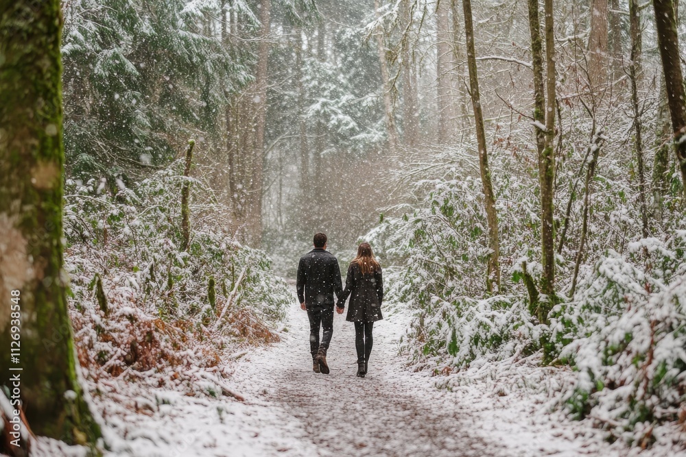 A couple walking hand-in-hand through a snowy forest A couple walking hand-in-hand through a snowy forest