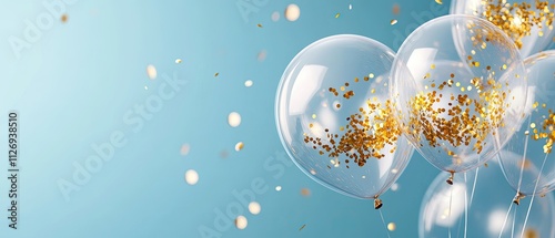 Colorful Transparent Balloons with Gold Confetti Brightening Up a Blue Background for Celebrations and Events