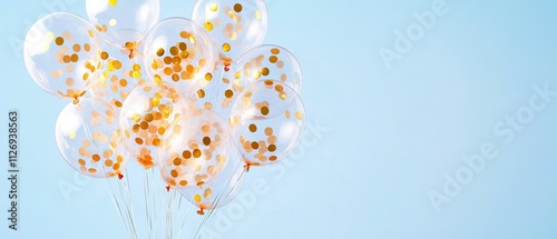 Colorful transparent balloons with gold confetti on a soft blue background, perfect for celebrations and special events