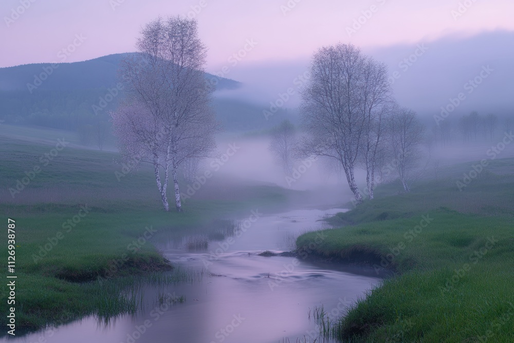 A serene landscape with a misty stream and birch trees at dawn. A serene landscape with a misty stream and birch trees at dawn.