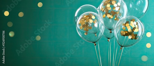 Transparent balloons filled with golden confetti against a vibrant teal background for festive occasions and celebrations