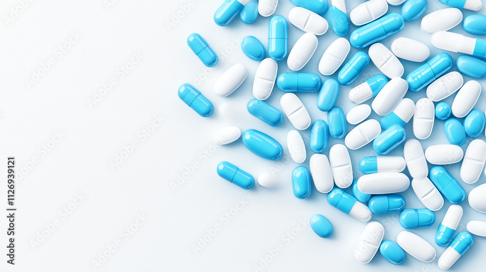 a pile of blue and white medical pills a pile of blue and white medical pills