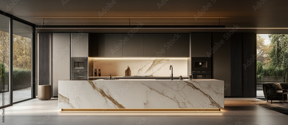 Modern kitchen with elegant marble island and warm lighting.