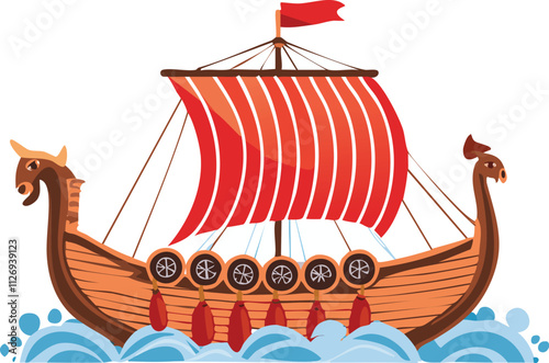 A stylized Viking ship with a red sail sailing on waves