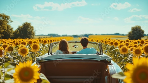 Enjoying a sunny day in a convertible car surrounded by beautiful sunflowers under a clear blue sky.