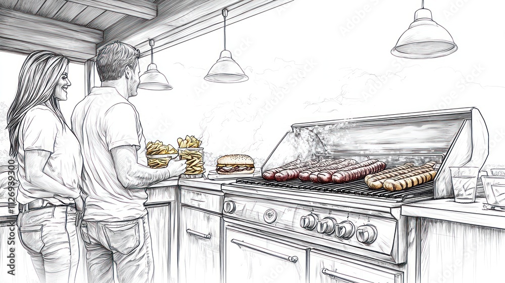 Fototapeta premium Grilling scene with food and people outdoors.