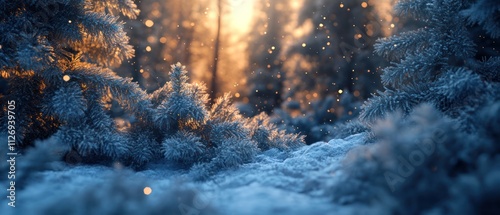Serene winter landscape with snow-covered trees and warm sunlight.