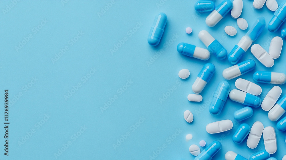 a pile of blue and white medical pills a pile of blue and white medical pills