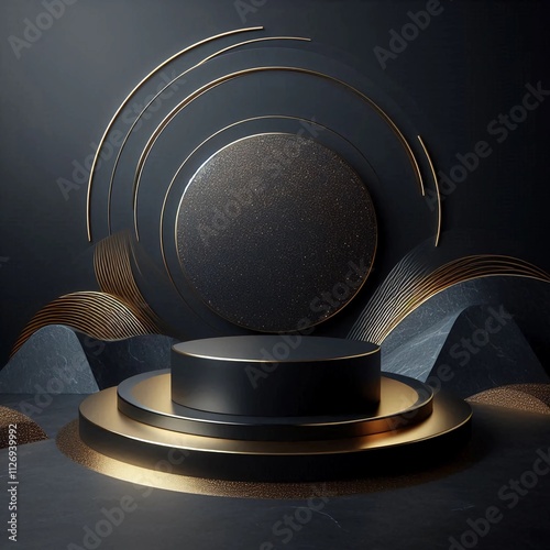 Elegant black and gold abstract geometric background with spheres and podiums perfect for luxury product displays or modern interior design concepts