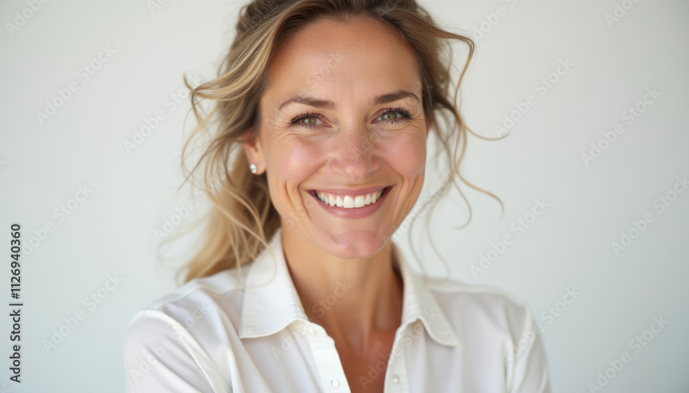 A blonde woman with a bright smile wearing a white shirt against a white background. A blonde woman with a bright smile wearing a white shirt against a white background.