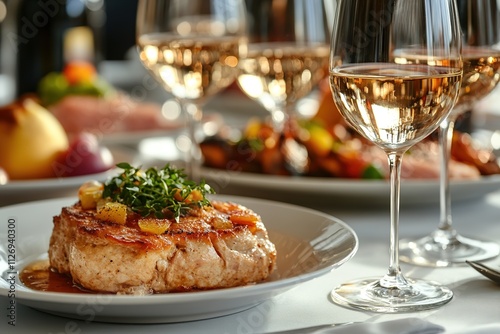 Gourmet pork chop with garnish and white wine photo