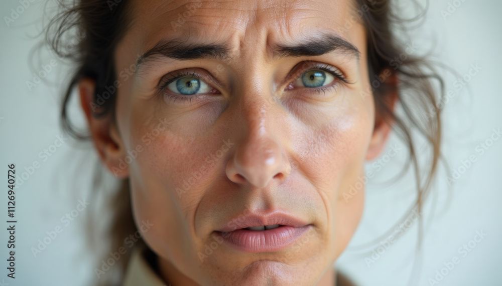 Close up portrait of a woman with blue eyes showing slight concern or contemplation. Close up portrait of a woman with blue eyes showing slight concern or contemplation.