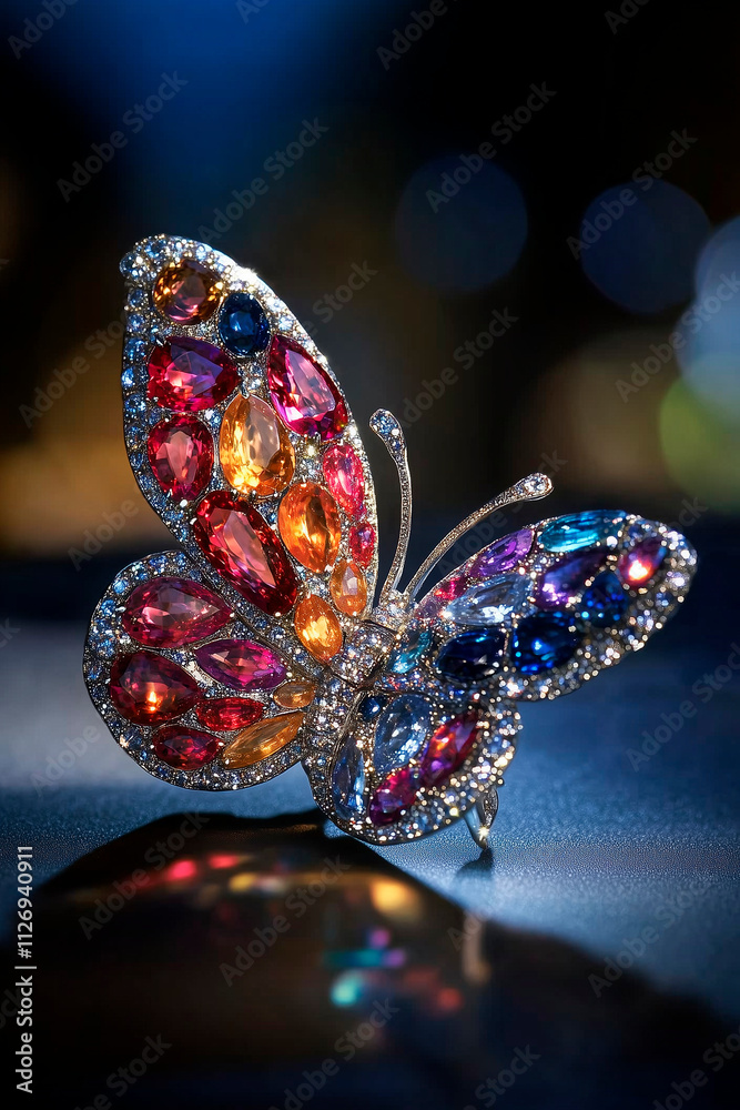 
An ornate butterfly brooch with vibrant wings encrusted with multicolored gemstones like sapphires and rubies, featuring a platinum body with diamond accents, glowing with elegance