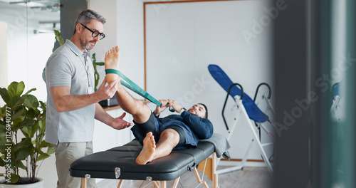 Chiropractor, people and band for stretching legs at clinic, helping and recovery on table. Men, flexibility exercise and physiotherapy for rehabilitation treatment, support and healing service