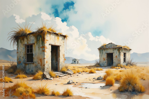 Abandoned buildings crumbling under a cloudy sky in the desert