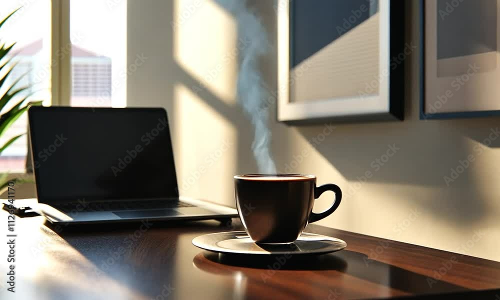 Sunlit Workspace: Laptop, Coffee, and Minimalist Art Sunlit Workspace: Laptop, Coffee, and Minimalist Art