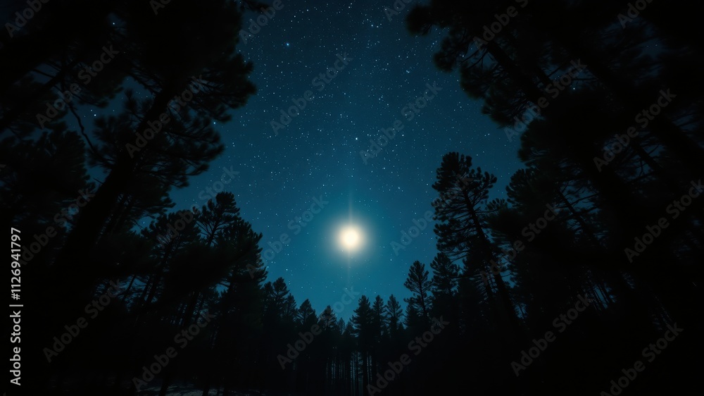 Serene Night Sky Above a Dark Forest of Tall Trees with a Bright Moon Serene Night Sky Above a Dark Forest of Tall Trees with a Bright Moon