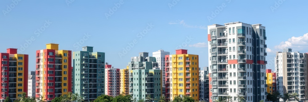 Aerial view of a modern module apartment block with geometric shapes and vibrant colors, colors, block Aerial view of a modern module apartment block with geometric shapes and vibrant colors, colors, block
