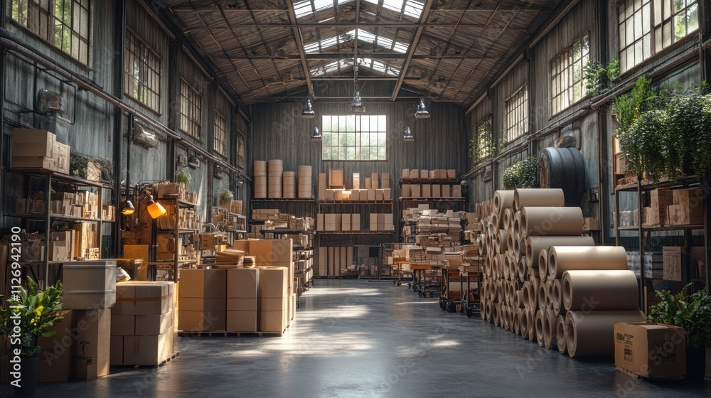 Spacious warehouse filled with stacked boxes and rolls. Spacious warehouse filled with stacked boxes and rolls.
