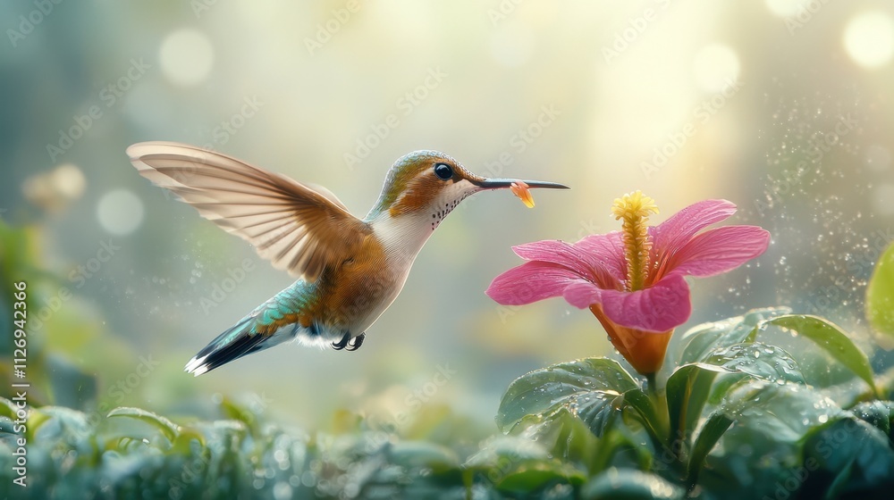 Naklejka premium A vibrant and mesmerizing scene unfolds in a lush tropical garden, as a tiny colibri, or hummingbird, hovers gracefully over a vibrant magenta flower