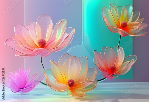 A captivating digital art piece featuring vibrant, translucent flowers with intricate details and a gradient background